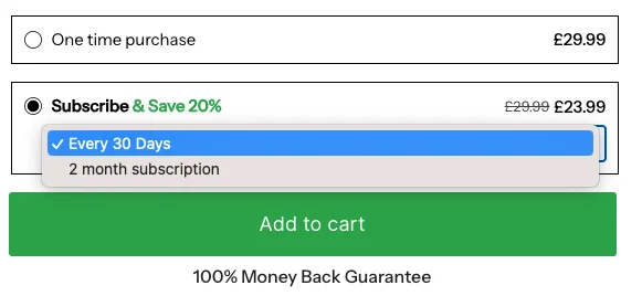 Default SKIO dropdown buy box before customisation
